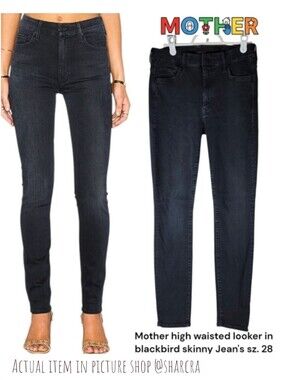 Mother Women high waisted looker blackbird skinny Black Denim Jean's Pants 28